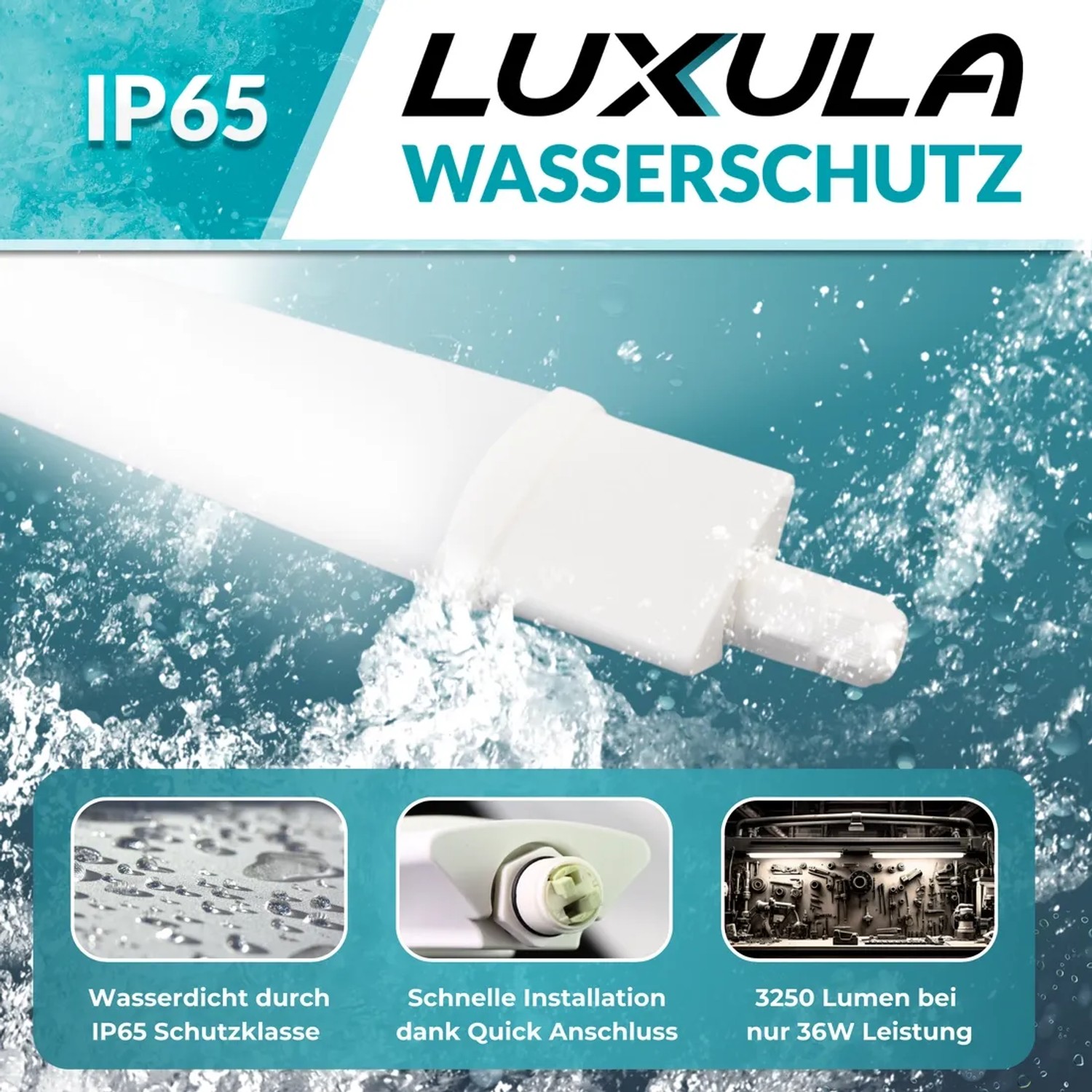 LUXULA LED Feuchtraumleuchte, 120cm, 36W, neutralweißes Licht, IP65 Wasserschutz.