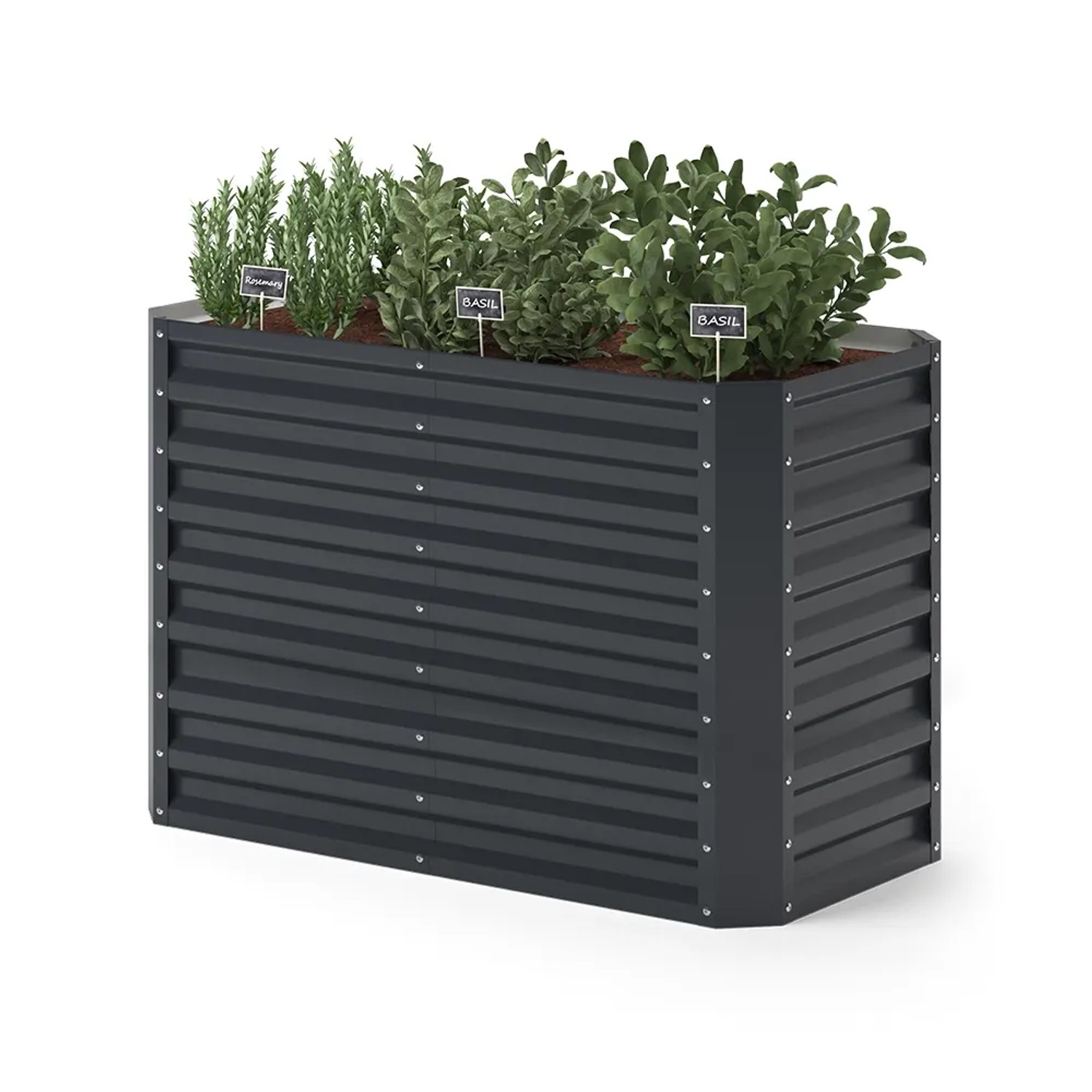 Anthrazitfarbenes OK-Living Hochbeet (120x60 cm) mit Kräutern.