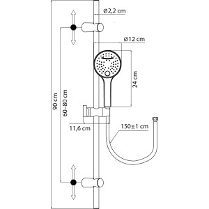 Technische Zeichnung: aquaSu Duschstangen-Set Luba mit Handbrause, Schlauch und Maßangaben.