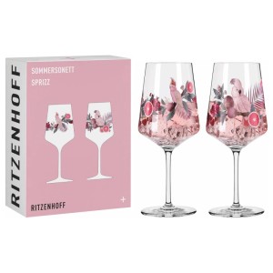 Ritzenhoff Sommersonett Aperitifgläser Set: 2 Kristallgläser mit rosa Kakadu- & Tropenmotiv, daneben pinke Box.