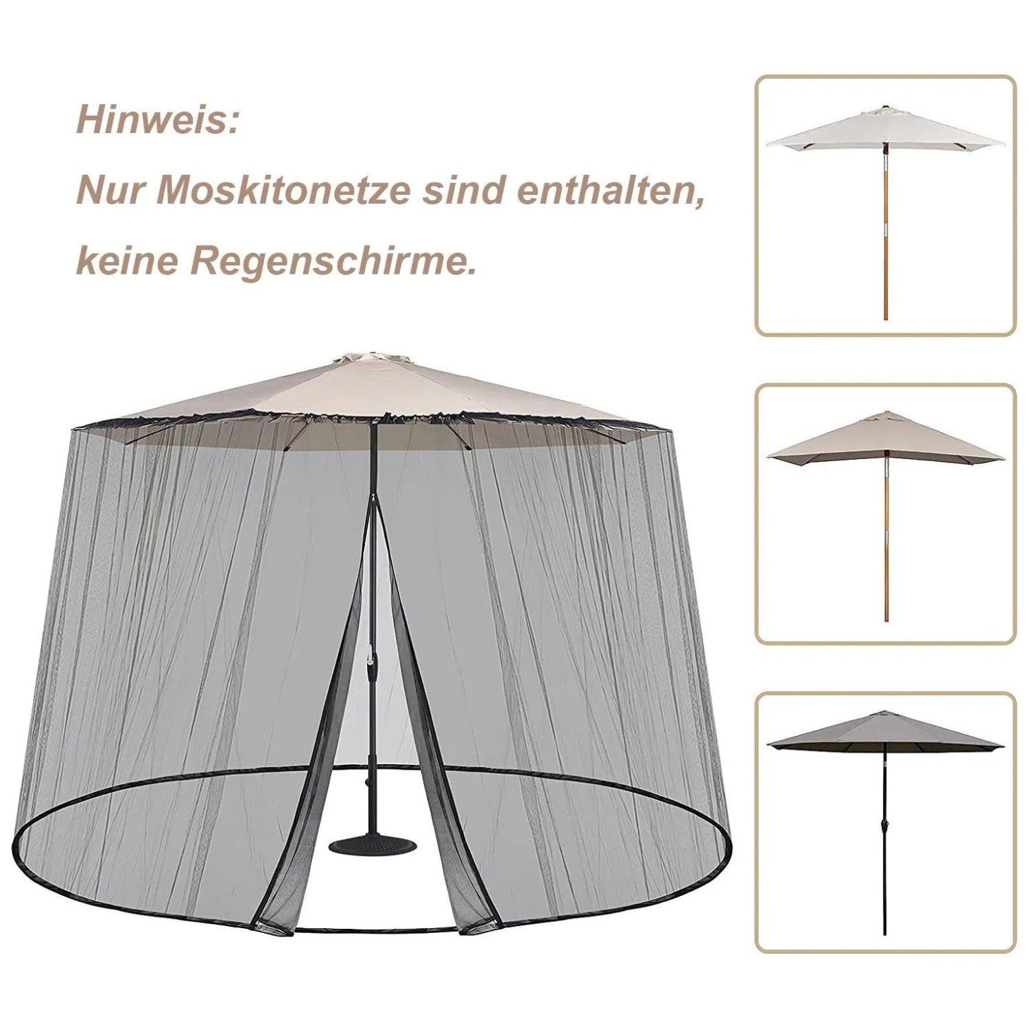 Schwarzes Moskitonetz für Sonnenschirm/Pavillon, mit zwei Reißverschlüssen. Verstellbarer Insektenschutz für Garten & Terrasse.