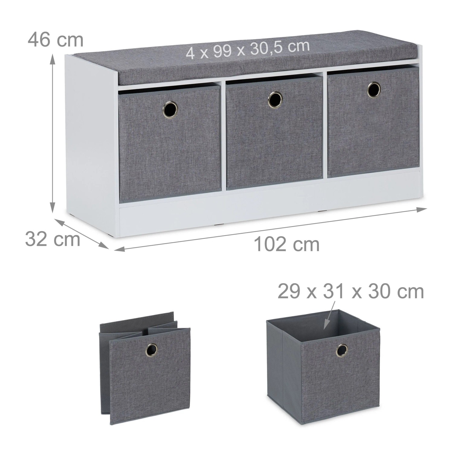 Relaxdays Sitzbank Spanplatte Weiß Grau Mit Polster 102 cm x 32 cm x 46 cm_4