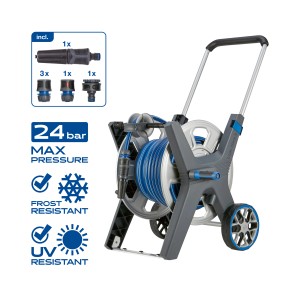 LUX Schlauchwagen-Set Pro mit 30 m Schlauch. Metalltrommel, blauem Schlauch und Zubehör.