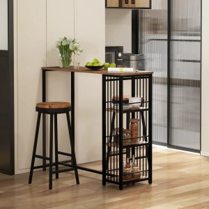 HOMCOM Bartisch mit Holzoptik, braune Spanplatte, schwarzes Stahlgestell und drei Regale.