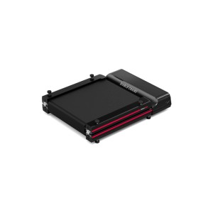 Schwarzes, klappbares Diablo Walkforge Walking Pad mit roten Akzenten, kompakt verstaut. Ideal für Sport & Fitness.