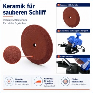 Braune Keramik-Schleifscheibe (105mm) für Sägeblatt Schärfgerät, keilförmig für präzises Nachschärfen von Sägezähnen.