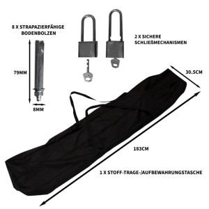 Zubehör für Monstershop Motorrad Garagenzelt XXL: Tragetasche, Bolzen, Schlösser.
