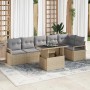Beiges 7-teiliges vidaXL Garten-Sofa-Set mit Tisch und grauen Kissen aus Polyrattan.