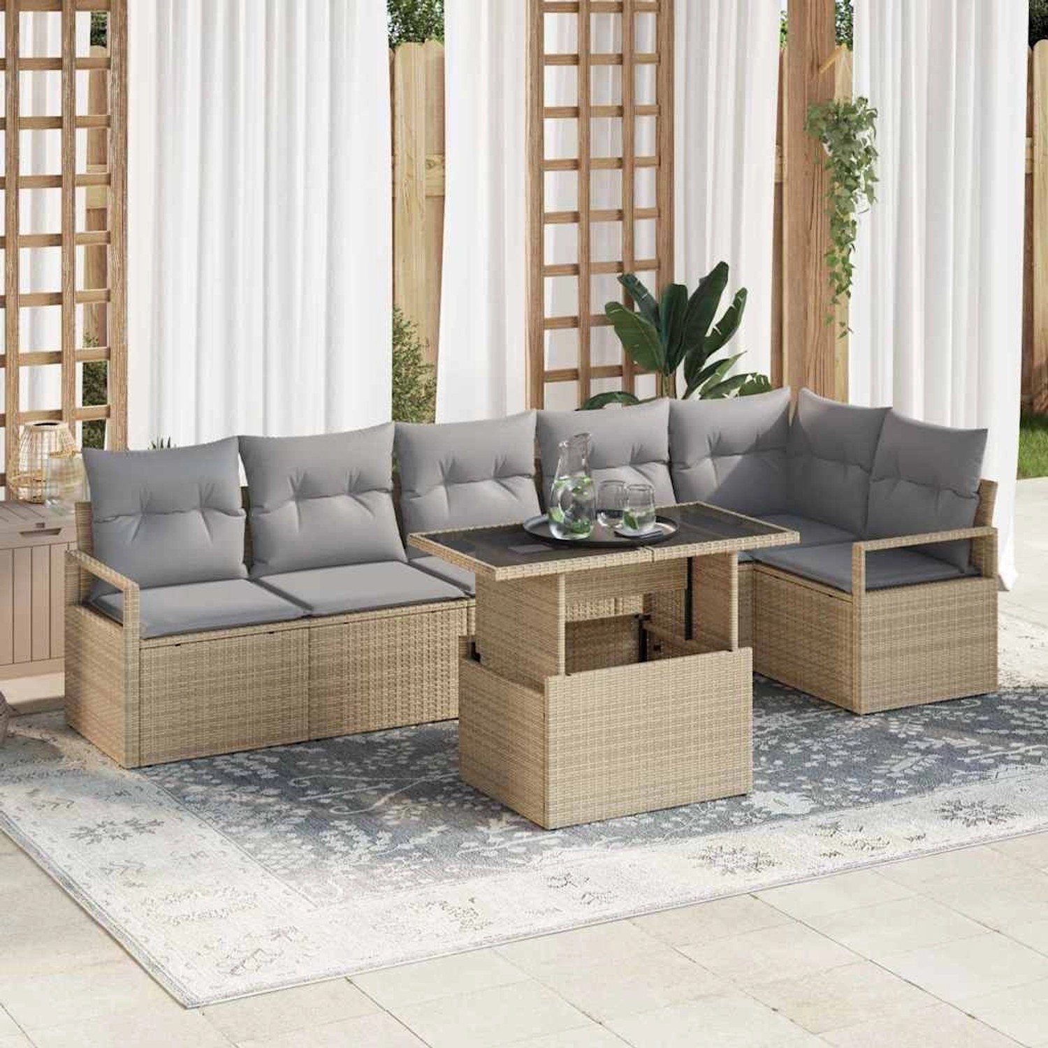 Beiges 7-teiliges vidaXL Garten-Sofa-Set mit Tisch und grauen Kissen aus Polyrattan.