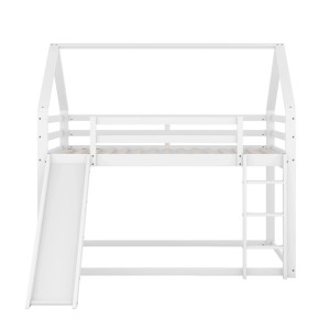 Weißes okwish Kinderbett, 90x200 cm, als Etagenbett mit Rutsche und Leiter.