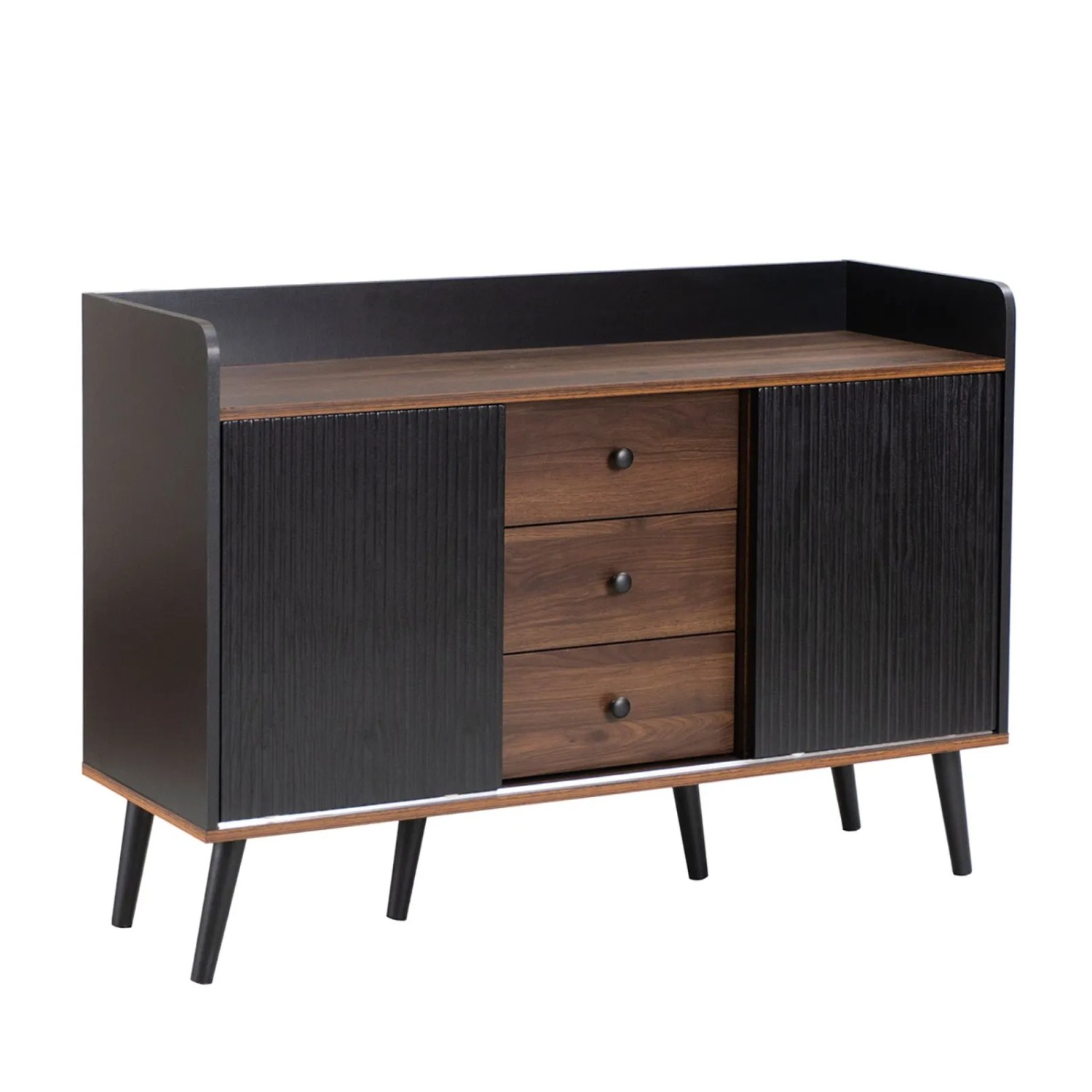 Sideboard 117x39x79 cm mit 3 Schubladen 2 Schiebetüren und Holzbeinen Schwarz