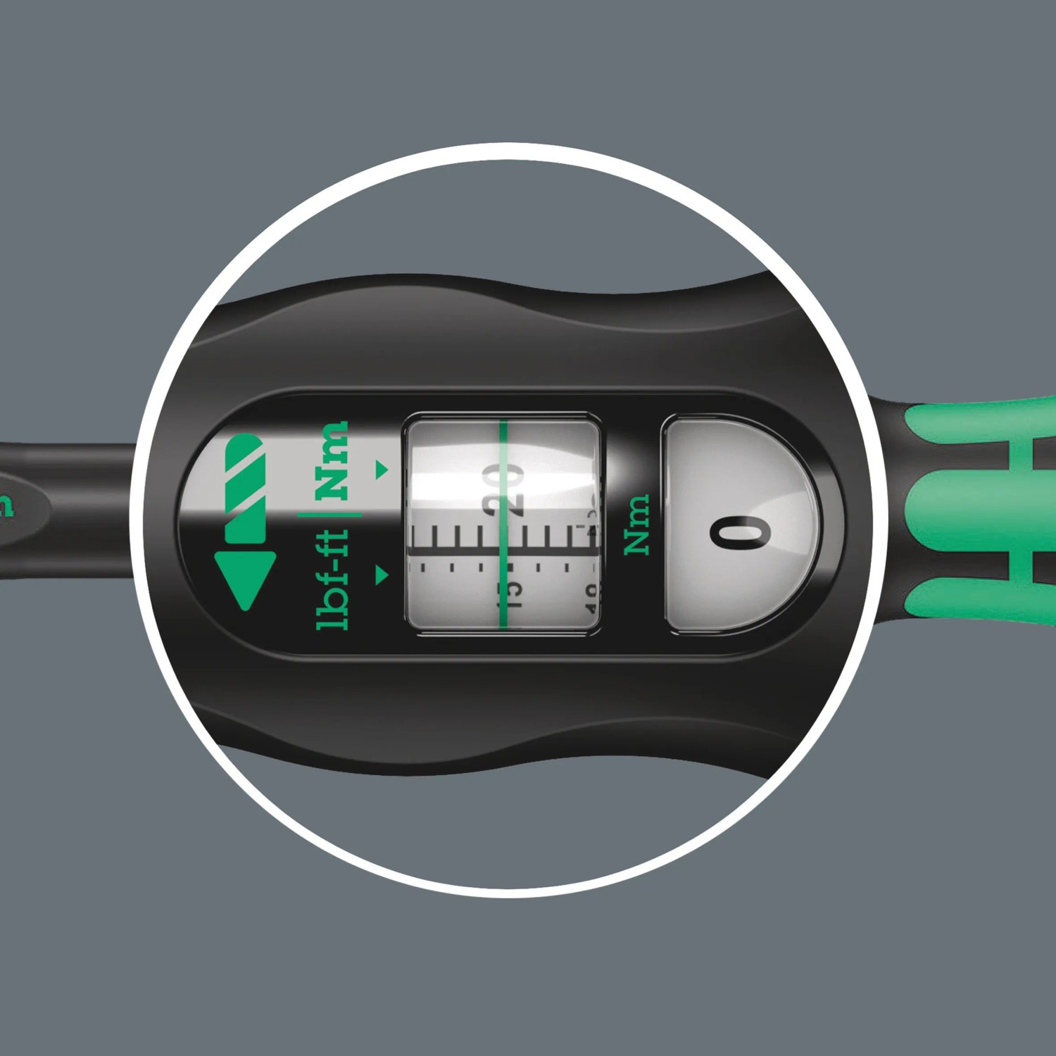 Detailaufnahme des Drehmomentschlüssels Wera Click-Torque A 5 mit Anzeige des Drehmomentbereichs.