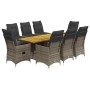 9-tlg. Garten Essgruppe aus grauem Poly Rattan mit Tisch aus Akazienholz und Stühlen mit Kissen.