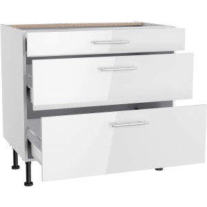 Optifit Unterschrank Rurik986, 90 cm breit, mit 3 Auszügen in Weiß Glanz. Küchenunterschrank für Stauraum.