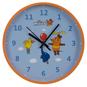 Blaue Kinderwanduhr mit Elefant-Motiv und Maus-Figuren, Ø 25 cm. Ideal zum Lernen der Uhrzeit.
