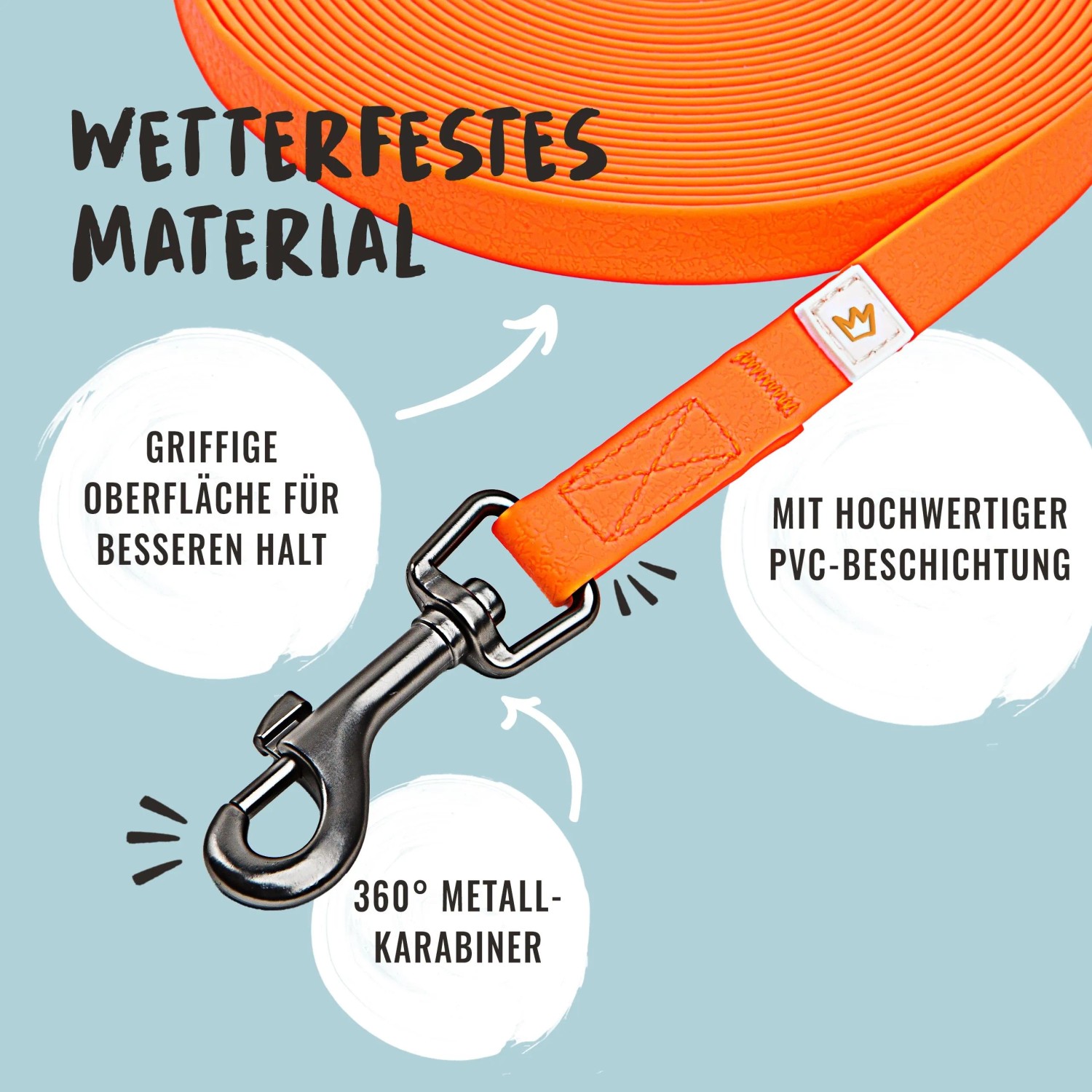 Orange Rudelkönig Schleppleine (10 m) mit Karabiner und Handschlaufe, Details.