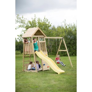 Wendi Toys Kinderspielturm Pinguin mit Kletterwand, Rutsche und Schaukel für Kinder im Garten.