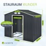 Juskys Metall Gerätehaus XL in Anthrazit mit Satteldach und Maßangaben.