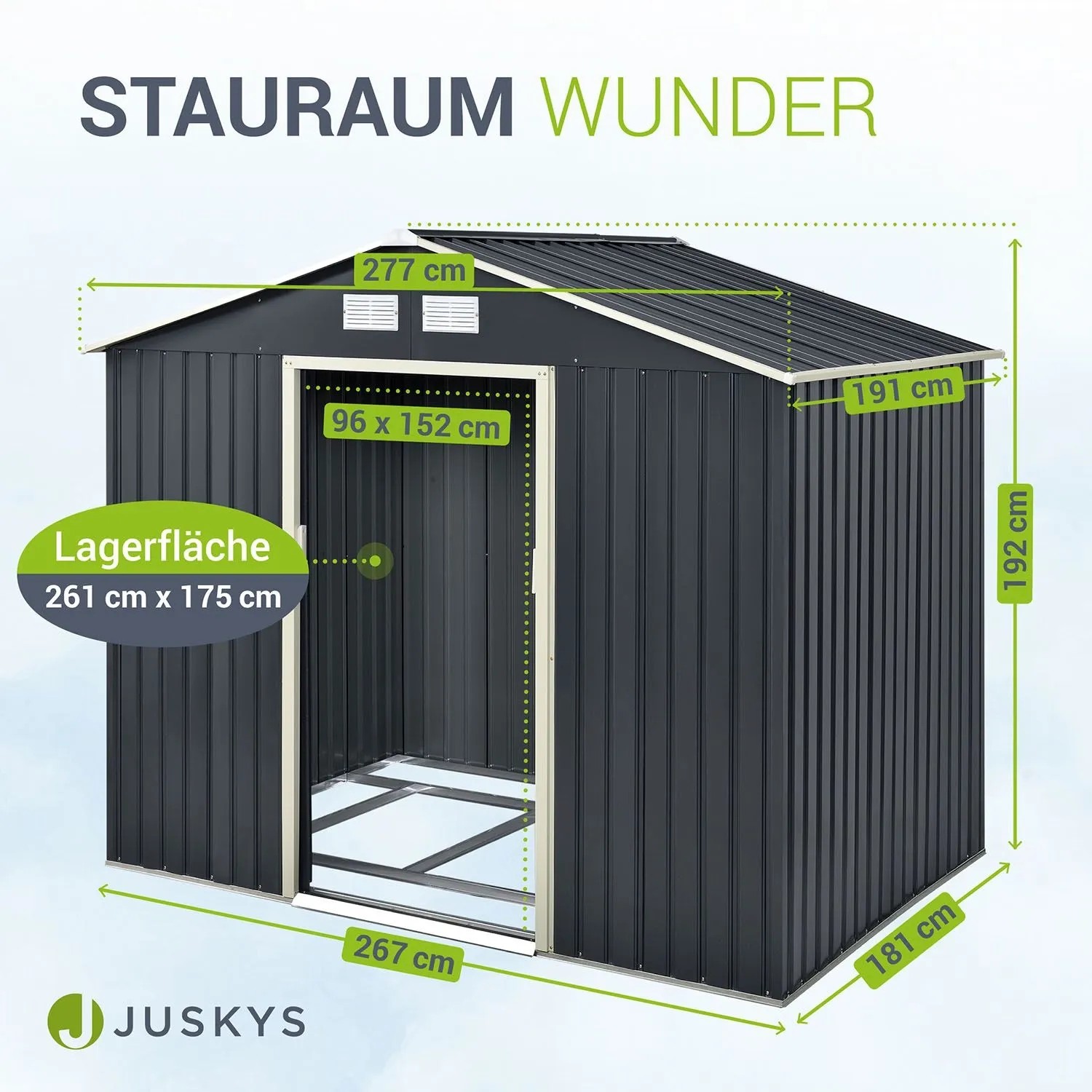 Juskys Metall Gerätehaus XL in Anthrazit mit Satteldach und Maßangaben.