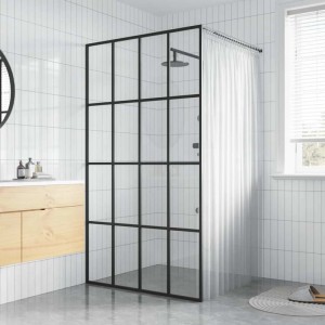 Moderne Walk-In Dusche mit klarer Glaswand und schwarzem Rahmen, 100x195 cm.