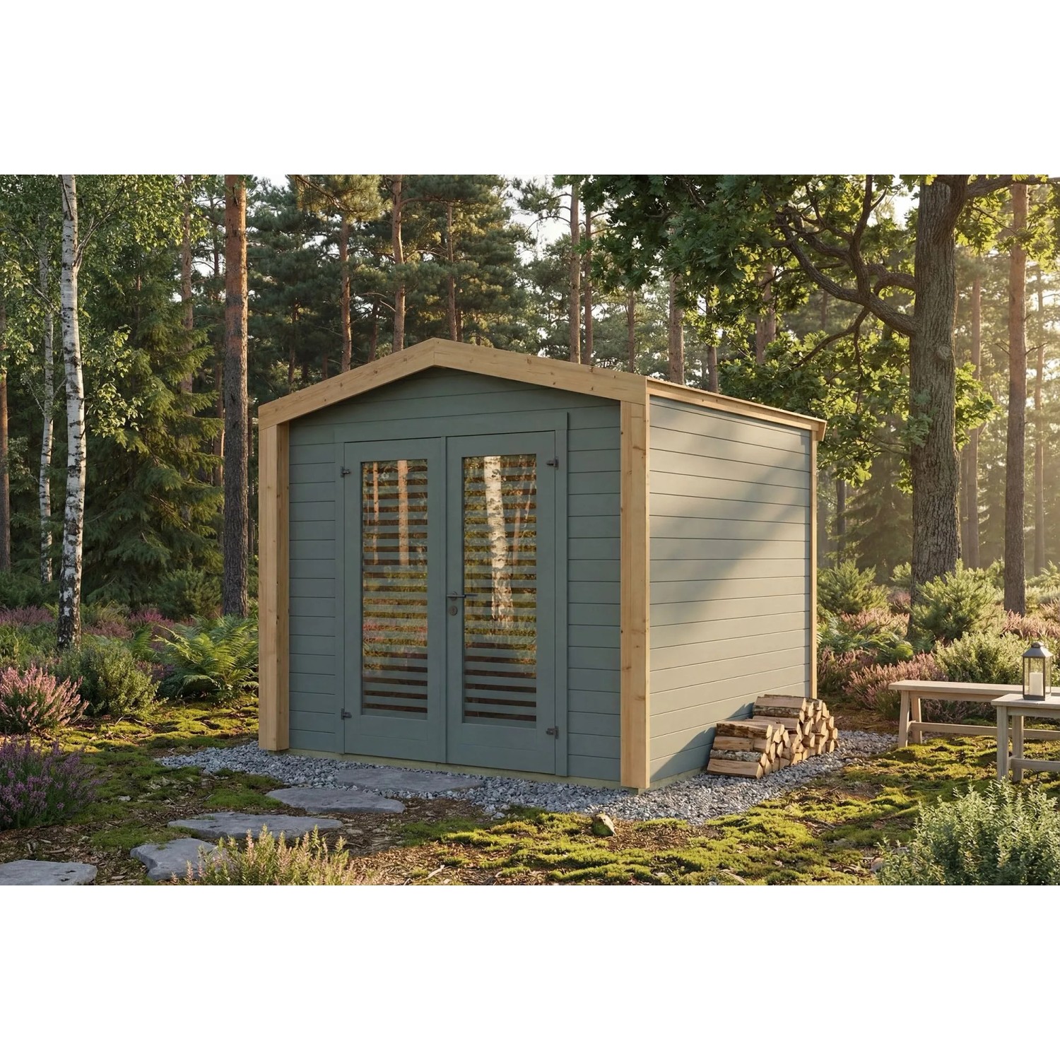 Weka Holz-Gartenhaus Killarney Satteldach Grau-Grün Lasiert 261 cm x 263 cm