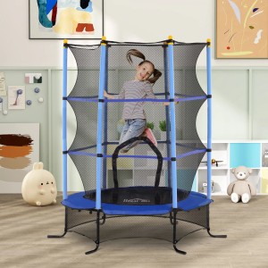 Blaues HOMCOM Kinder Trampolin mit Sicherheitsnetz, Mädchen springt. Ø163xH190cm.