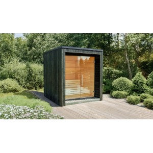 Weka Saunahaus Luua Cube: Schwarzes Holz, Glastür, zwei Liegen. Sauna ohne Ofen.