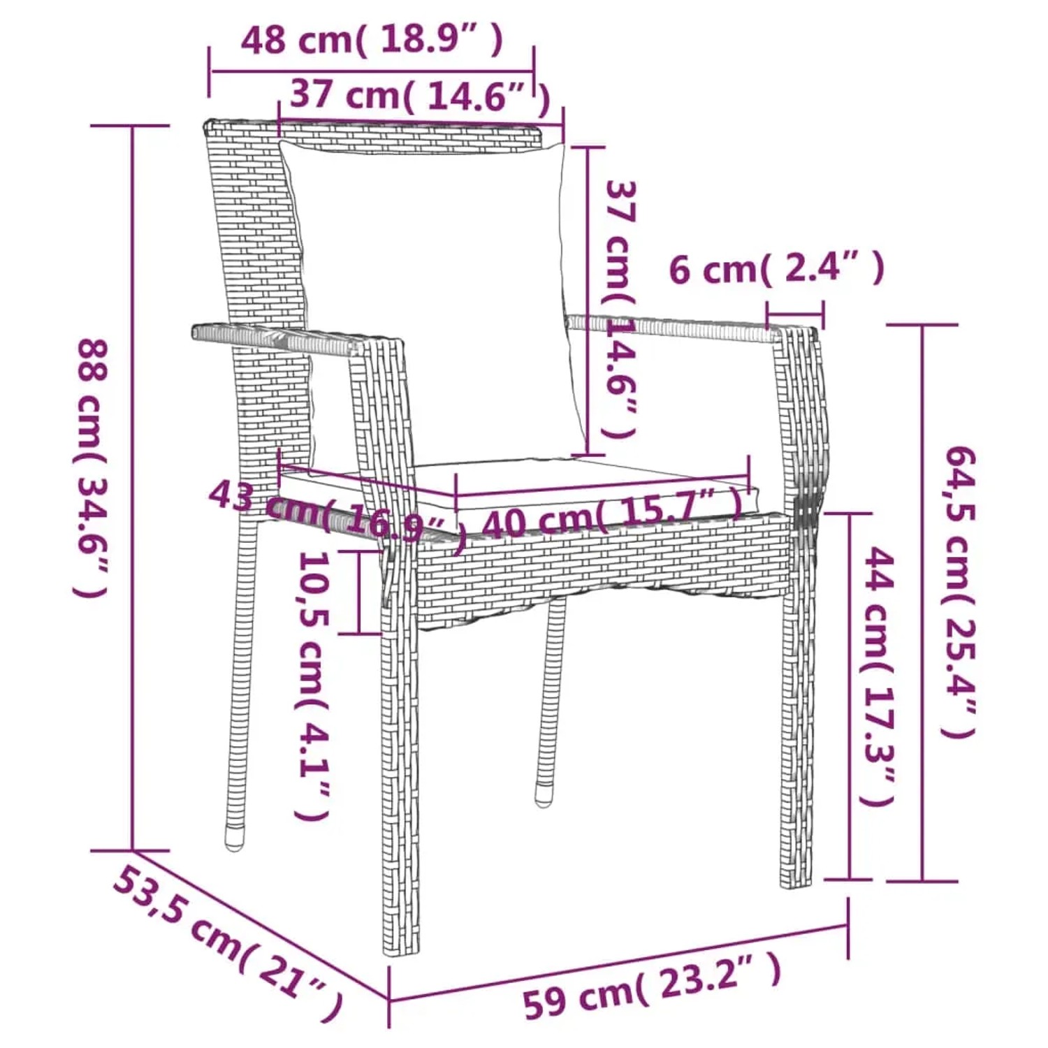 vidaXL Garten-Essgruppe, 7-teilig, grau, Poly Rattan, mit Maßangaben.