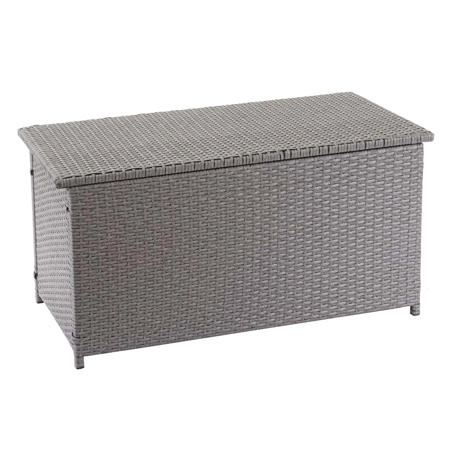 Graue Poly-Rattan Kissenbox, 250L Gartentruhe für Auflagen und Gartenutensilien.