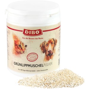 Dibo Grünlippmuschelpulver für Hunde und Katzen, Ergänzungsfutter im weißen Behälter mit Pulver.