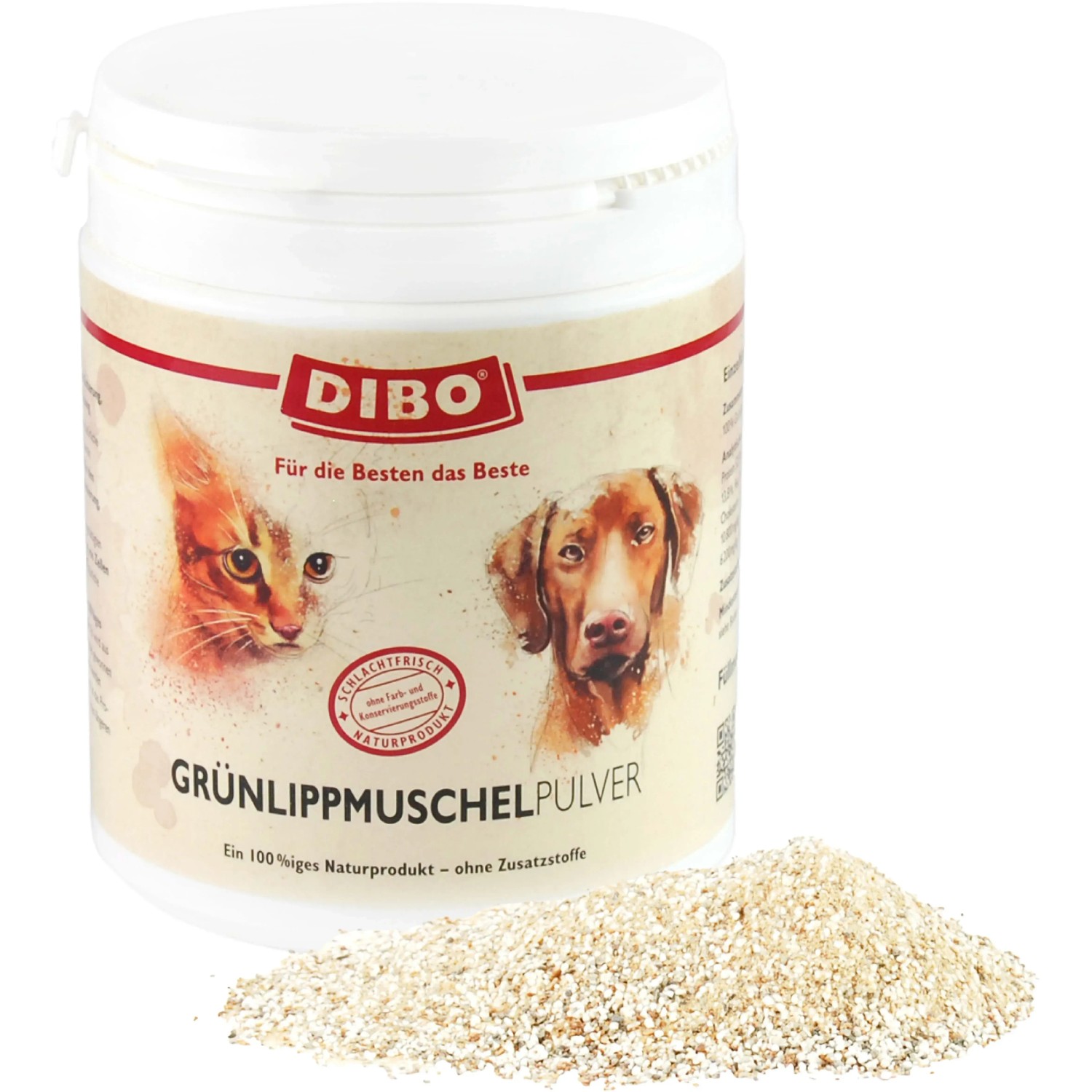 Dibo Grünlippmuschelpulver für Hunde und Katzen, Ergänzungsfutter im weißen Behälter mit Pulver.