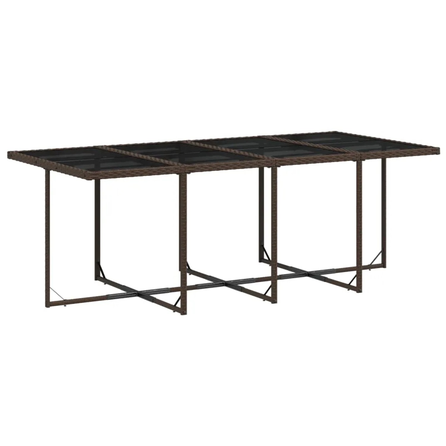 Brauner vidaXL Gartentisch aus Rattan mit Glasplatte für eine 9-tlg. Garten-Essgruppe.