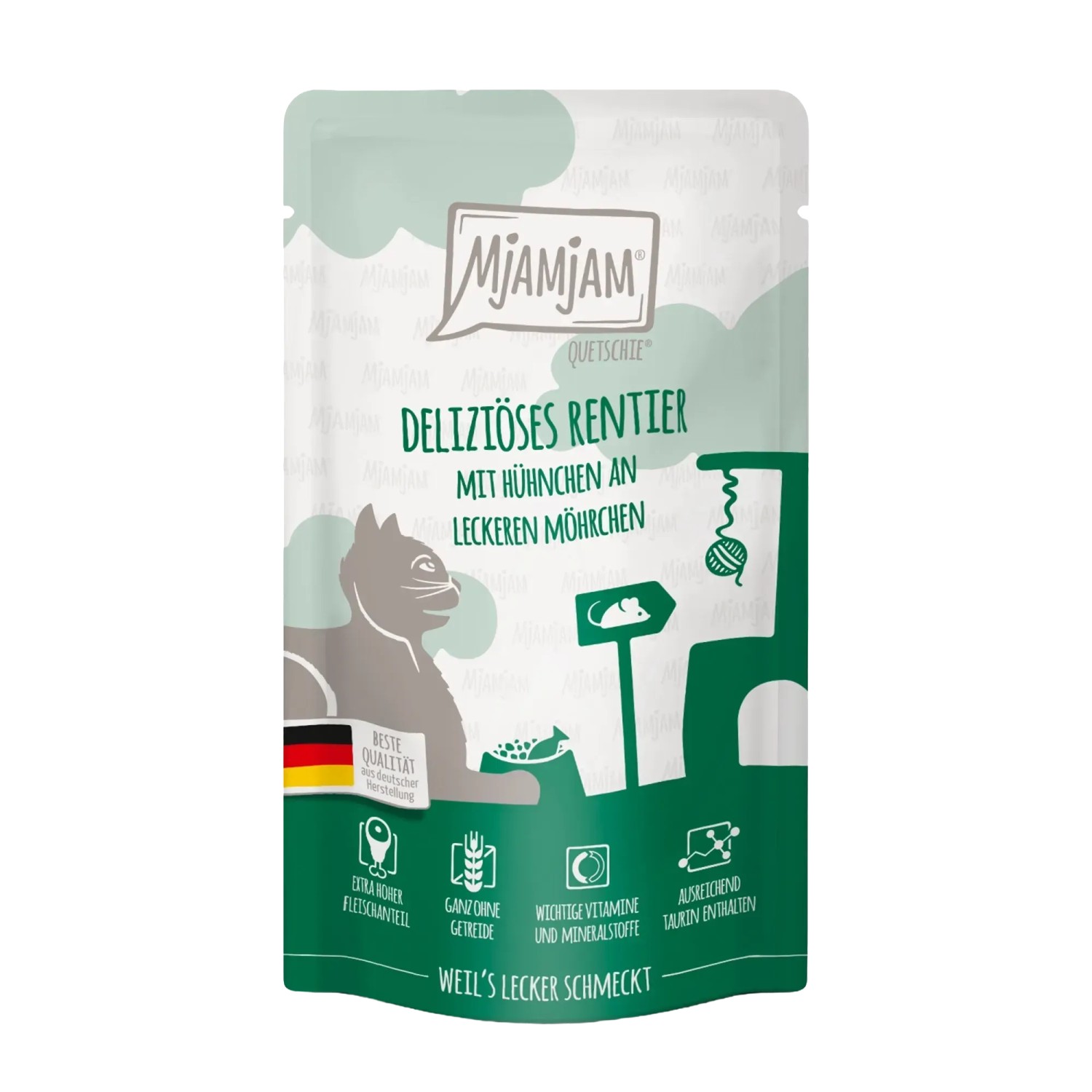 Mjamjam Katzen-Nassfutter Quetschie Rentier & Hühnchen mit leck. Möhrchen 125 g