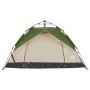 Grünes Kuppelzelt mit beigem Innenzelt und offenem Eingang. Campingzelt für 2 Personen mit Quick-Release-System.