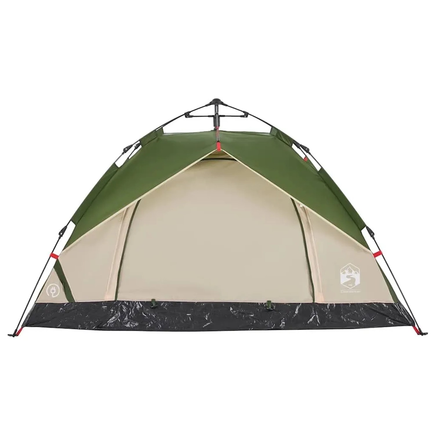 Grünes Kuppelzelt mit beigem Innenzelt und offenem Eingang. Campingzelt für 2 Personen mit Quick-Release-System.