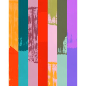Bunte Komar Vliestapete „Fehlfarben“ (200x250 cm) mit vertikalen Farbstreifen.