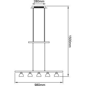 Skizze der 5-flammigen LED-Pendelleuchte Tonja in Chrom und Weiß mit Maßangaben.