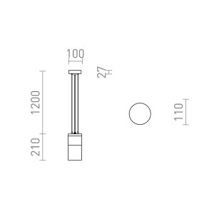 Technische Zeichnung der Rendl Außenleuchte Quinn. Seitenansicht mit Maßen (1200x100mm), Draufsicht (Ø 110mm).