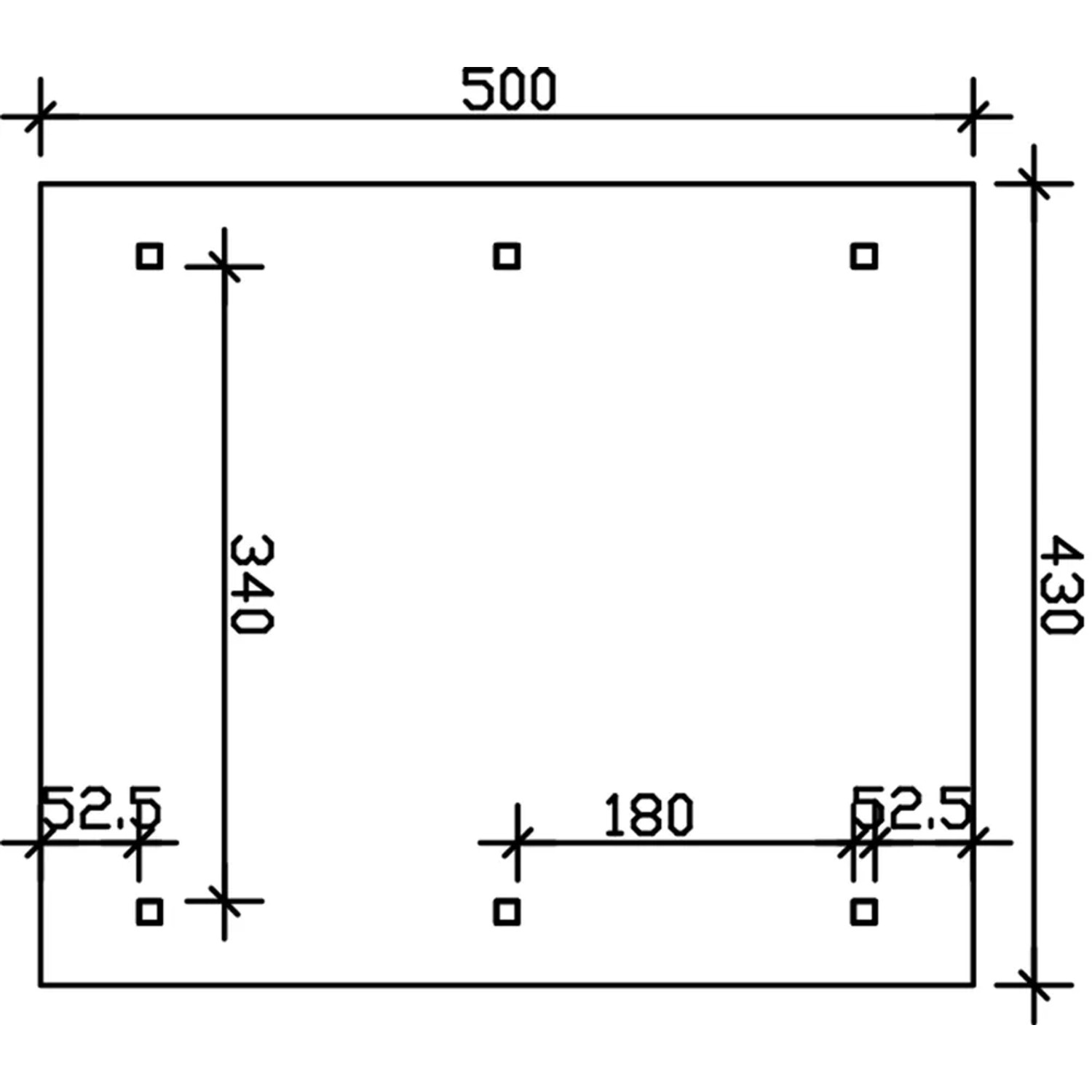 Technische Zeichnung Satteldach-Carport Wallgau 430 x 500 cm mit Maßangaben.