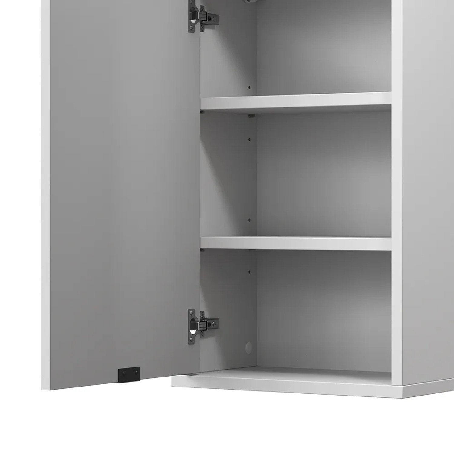 Weißer Vicco Badschrank Eliza (40x65 cm) mit offener Tür und zwei Einlegeböden.