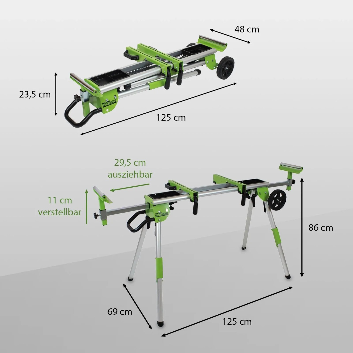 TRUTZHOLM Untergestell für Kappsägen/Gehrungssägen mit Rädern, Aluminiumkonstruktion, Werkstückauflage verstellbar.
