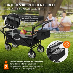 Hauki Bollerwagen XXL, faltbar, mit Dach und Tasche, schwarz-grau. Camping Handwagen.