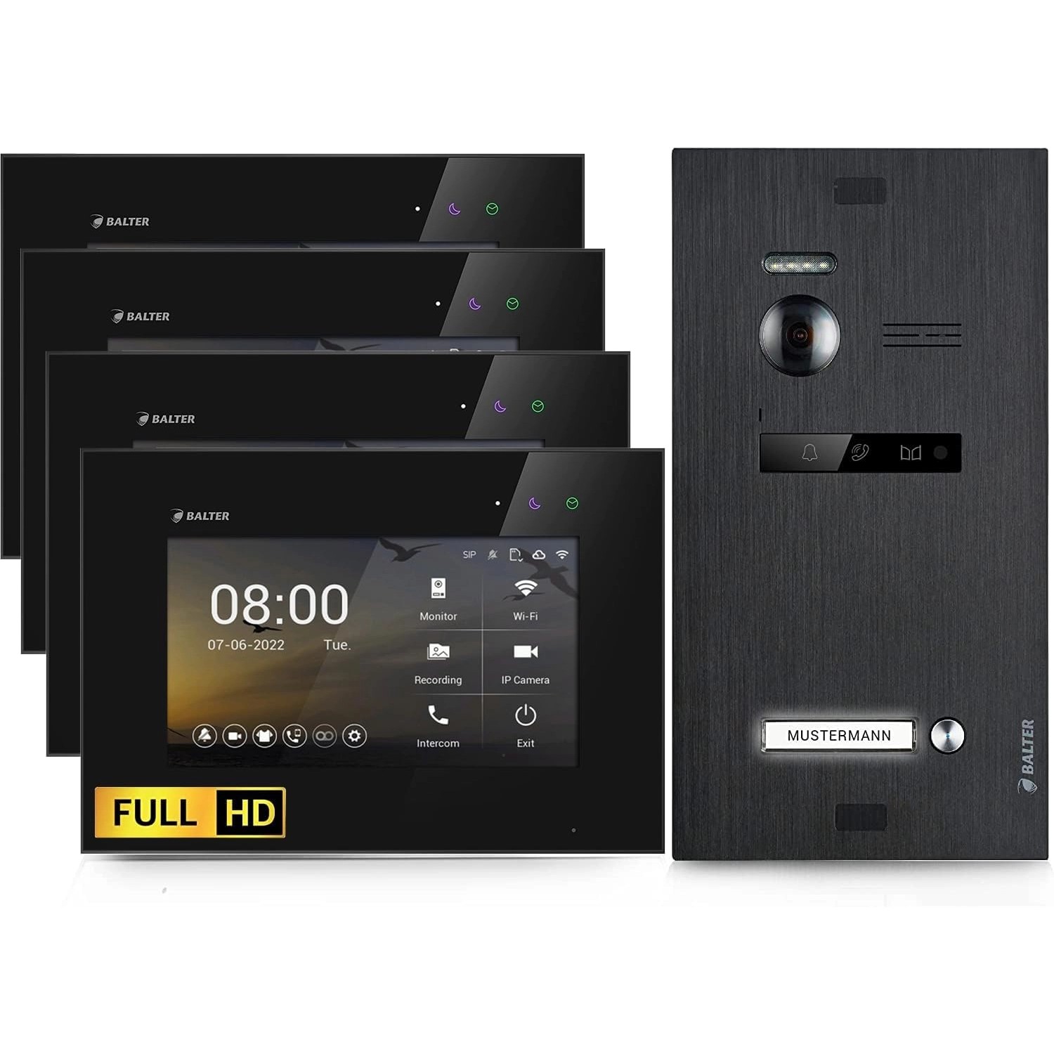 Balter EVO-HD Video-Türsprechanlage für Einfamilienhaus mit 4x 7 Zoll Monitor Schwarz