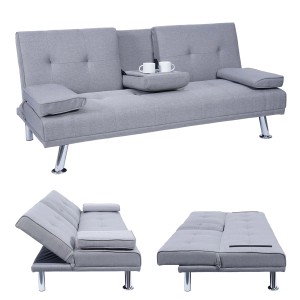 MCW 3er-Sofa F60, hellgraues Textil, mit Tassenhalter und Schlaffunktion. Gemütliches Sofa für 3 Personen.