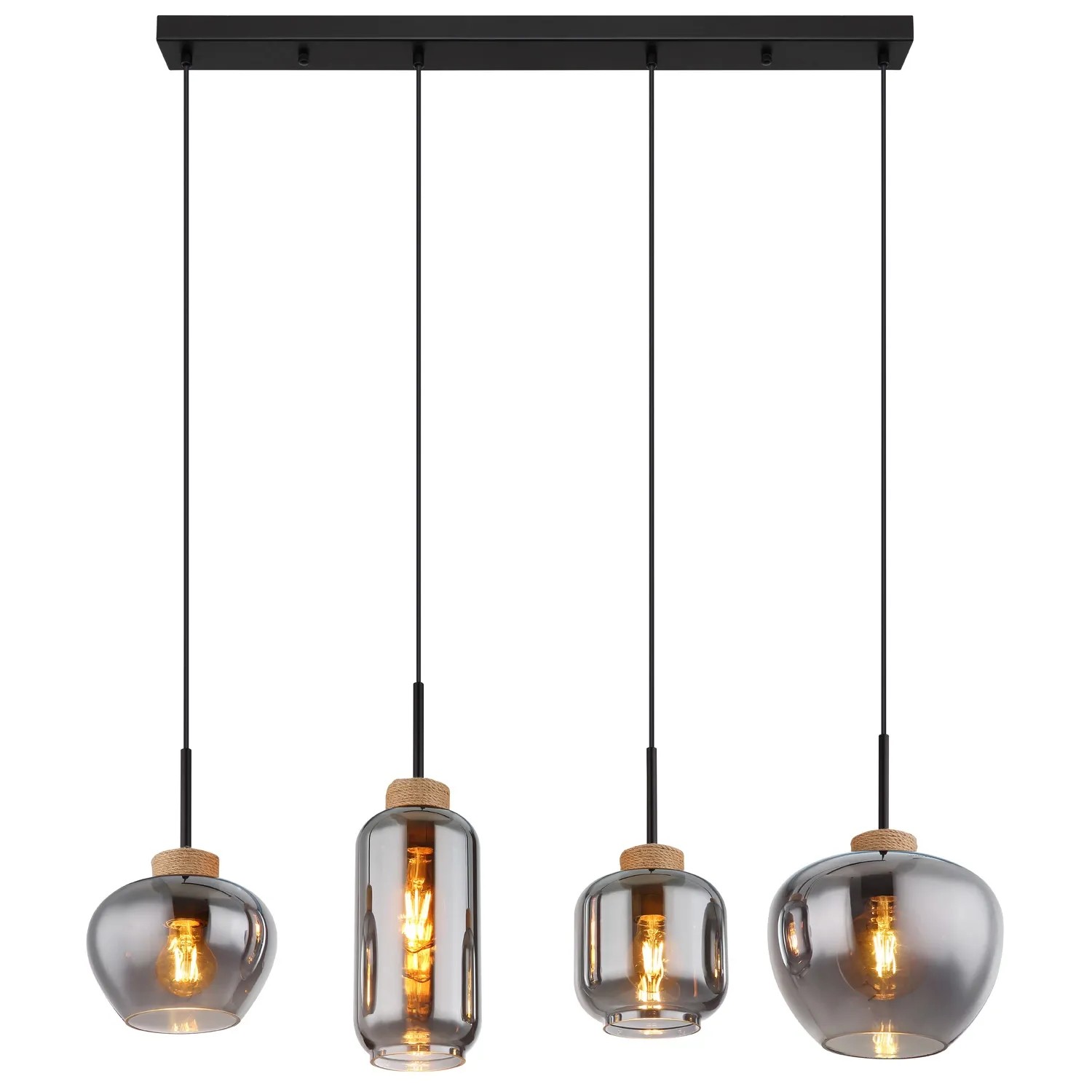 Globo Hängeleuchte, 4-flammig, schwarz/rauchfarben/natur, Pendelleuchte mit Glas-Schirmen.