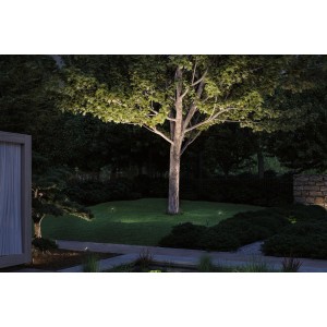 Beleuchteter Garten mit Paulmann LED-Gartenstrahler Plug & Shine Radon, graue Außenleuchte mit warmweißem Licht.