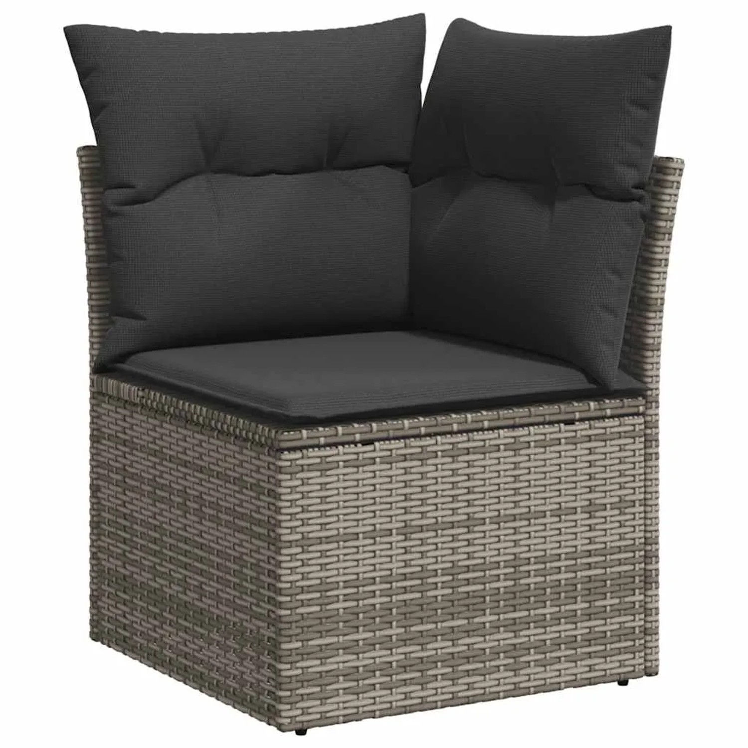 Graues vidaXL Garten-Ecksofa aus Rattan mit dunklen Kissen. Teil einer Sofagarnitur.