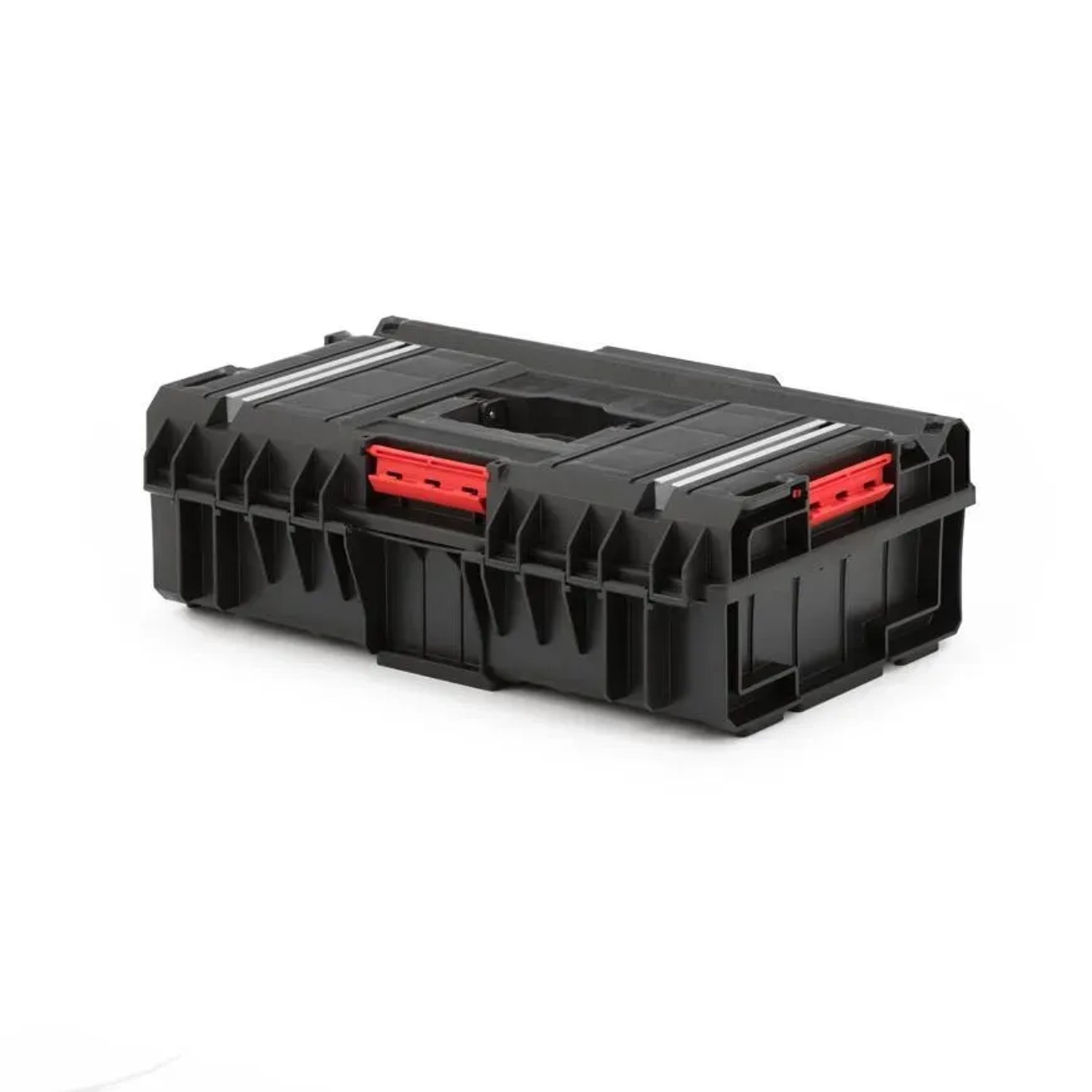 Schwarzer PROREGAL QBRICK Werkzeugkasten One mit Aluschienen und roten Klemmverschlüssen.