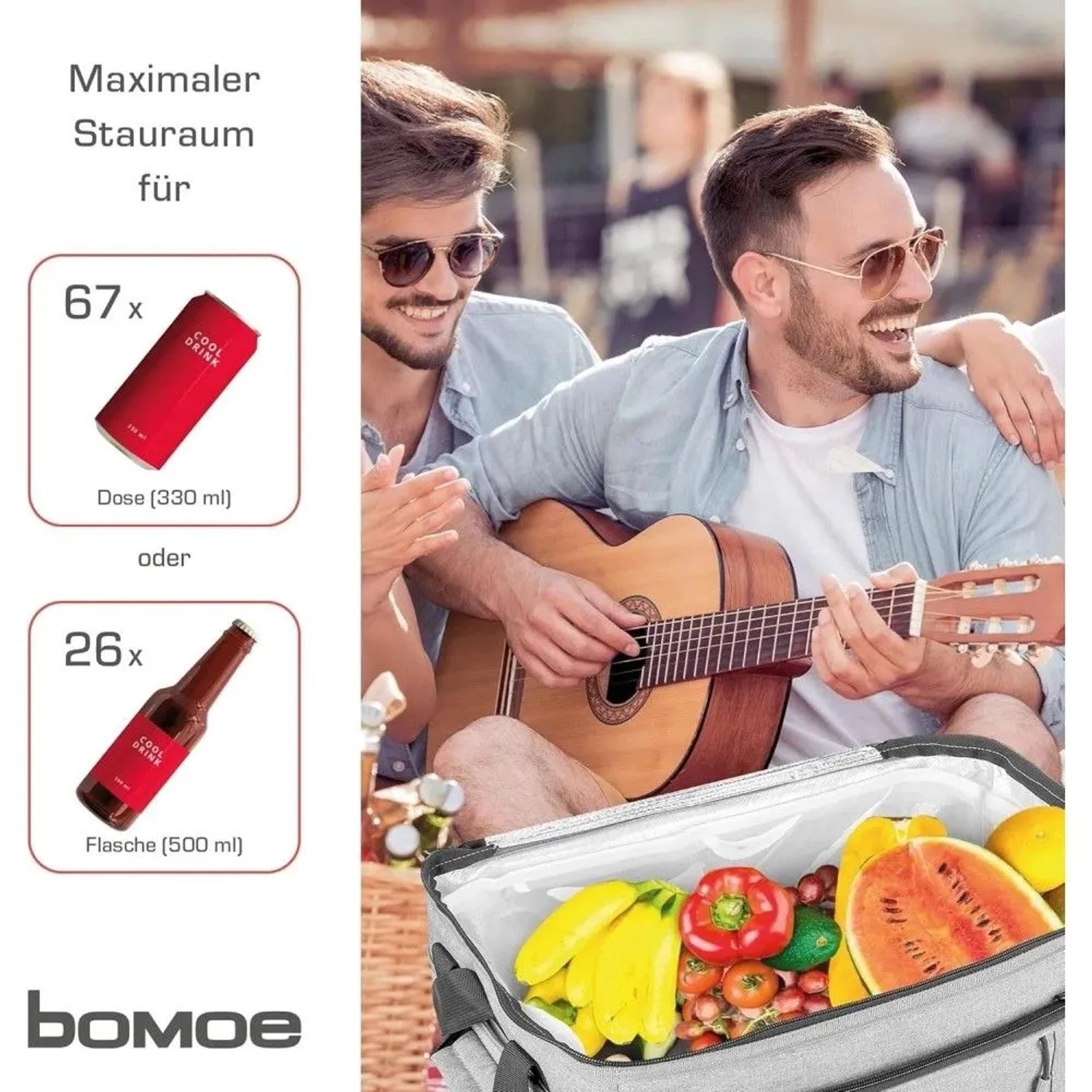 Graue Bomoe Kühltasche (45L) mit Lebensmitteln, ideal für Picknick und Camping.