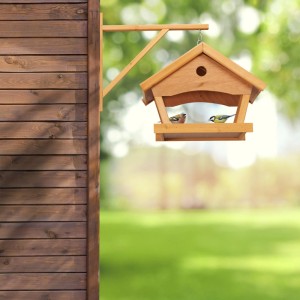 Relaxdays Vogelfutterhaus Holz Stein Natur Grün mit Wandhalterung 35 cm x 42,5 cm x 40,5 cm 2,6 kg